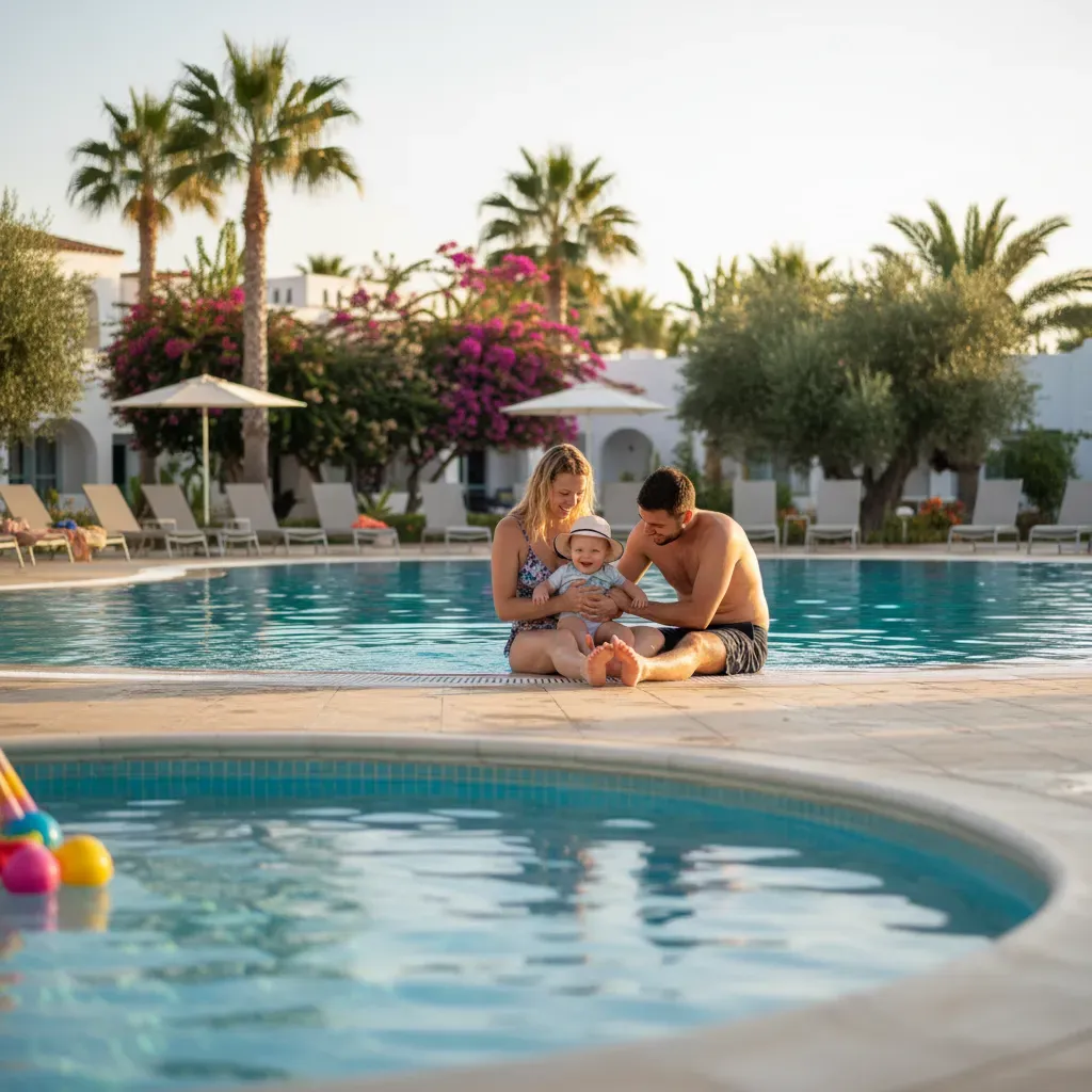 Familie med lille barn ved blå swimmingpool på sydeuropæisk familieferiested i solskin