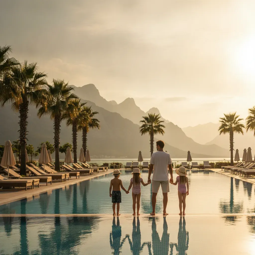 Far og tre børn med solhatte står hånd i hånd ved kanten af en hotelpool med palmer og bjerge på den tyrkiske riviera i oktobersol