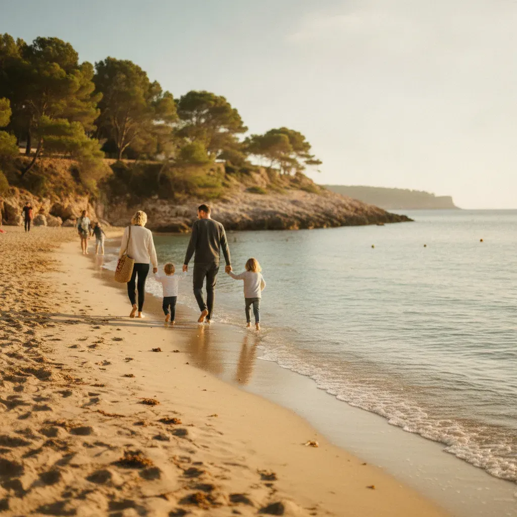 Familie går langs vandkanten på en sandstrand med pinjetræer og klipper på Mallorca i oktobersol