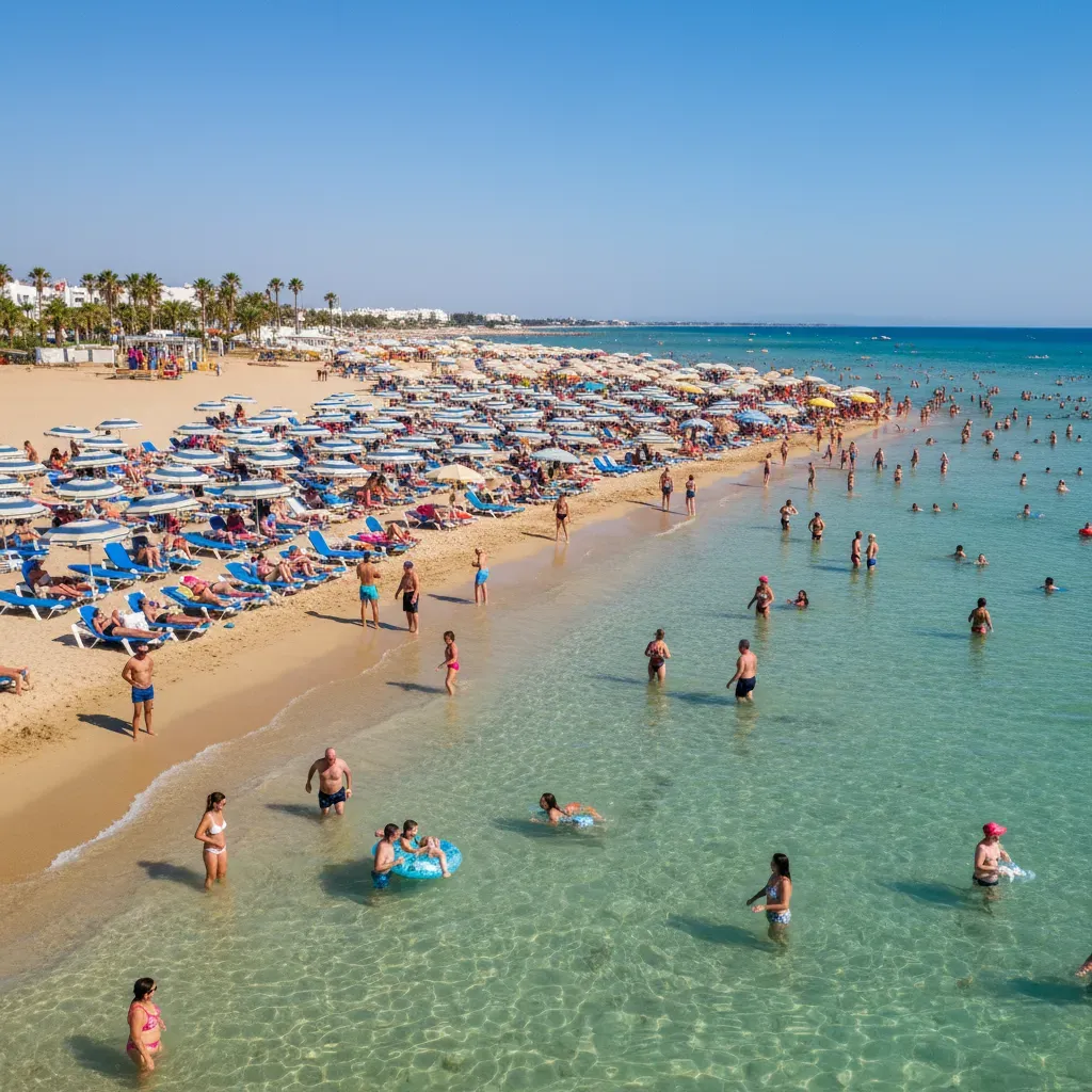 Turkisblåt Middelhav set fra klippekyst med solbrændte turister på en strand i højsæsonen