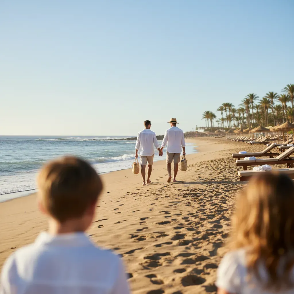 Sandstrand på Gran Canaria i decembersol med palmer, liggestole og rolige bølger fra Atlanterhavet