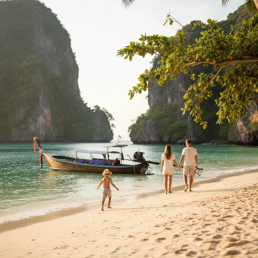 Familie på stranden ved en longtailbåd i roligt turkis vand under kalkstensklipper i Krabi i Thailand