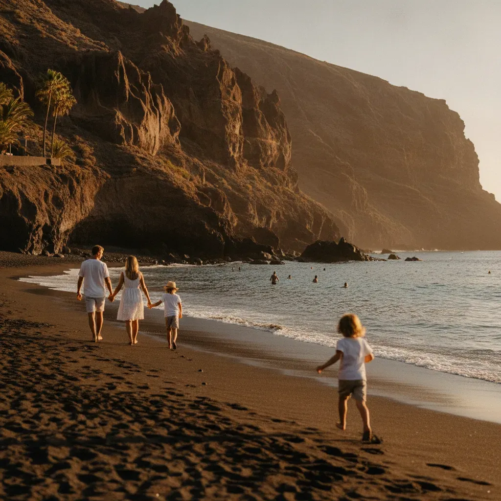 Familie går langs en mørk sandstrand under vulkanske klipper på sydkysten af Tenerife i eftermiddagssol