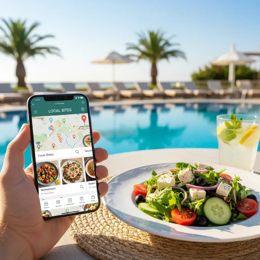 Smartphone med rejse-app åben ved et poolområde, der viser glutenfri restauranter i nærheden