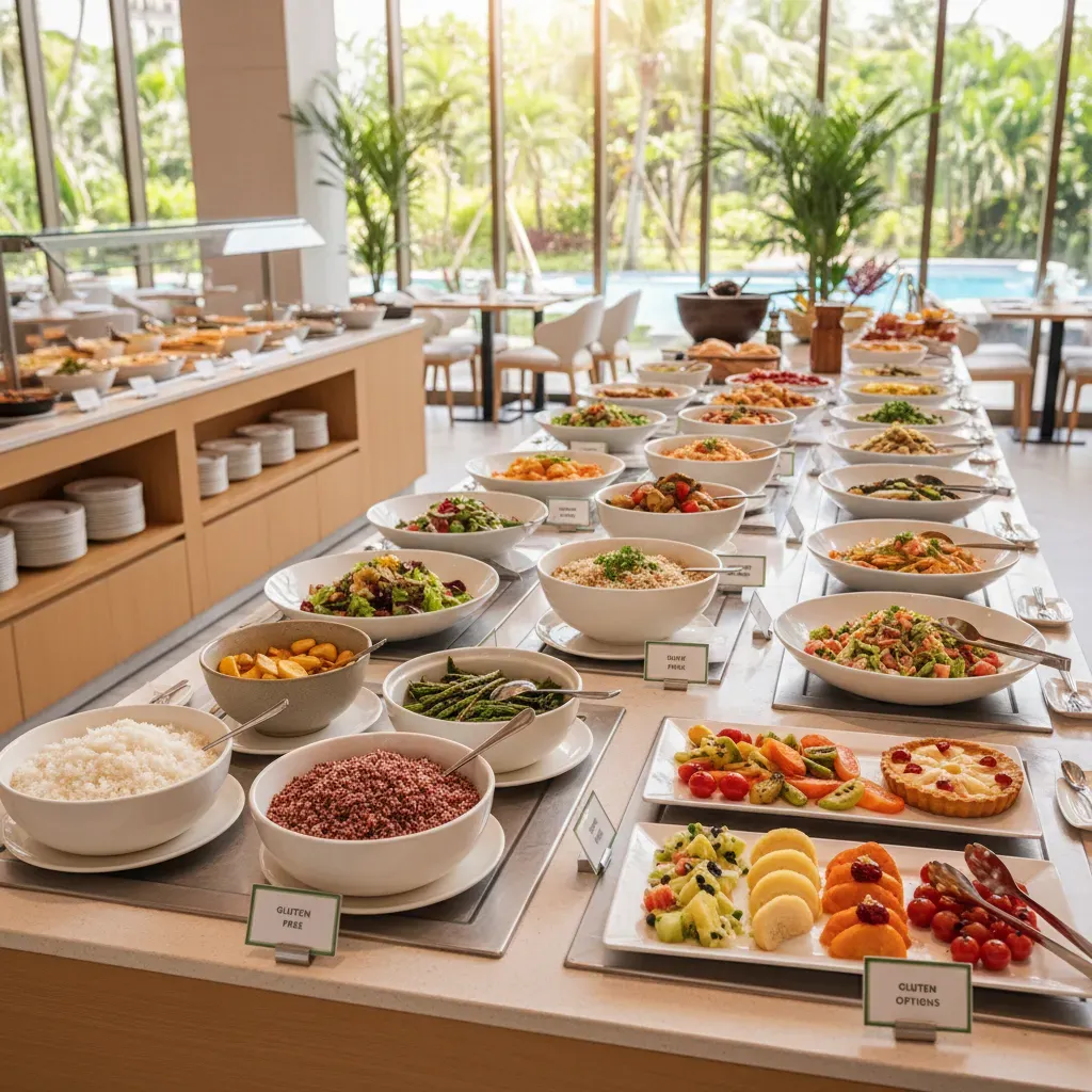 Farverig All Inclusive buffet med mærkningsskilte for allergener, grøntsager og glutenfri retter