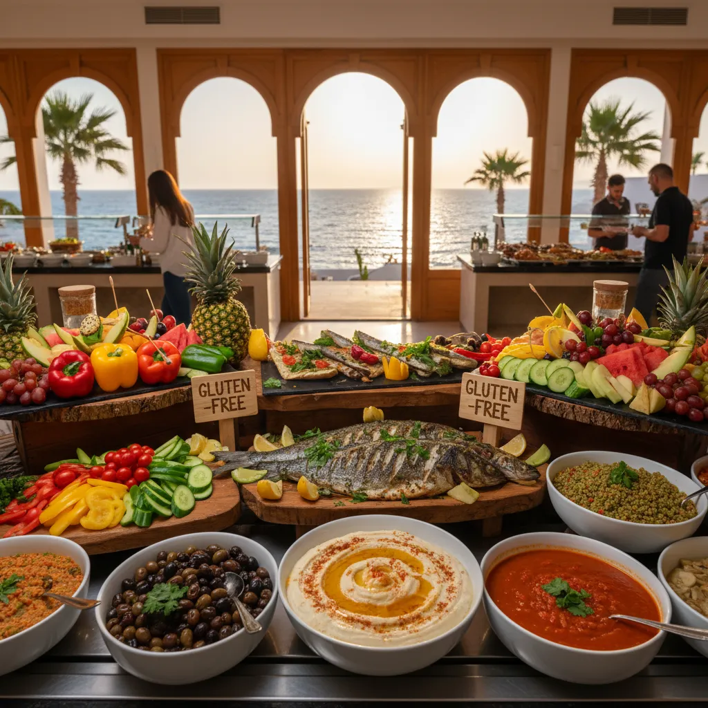 Farverig buffet med grøntsager, bælgfrugter og glutenfri retter på et All Inclusive hotel ved Middelhavet