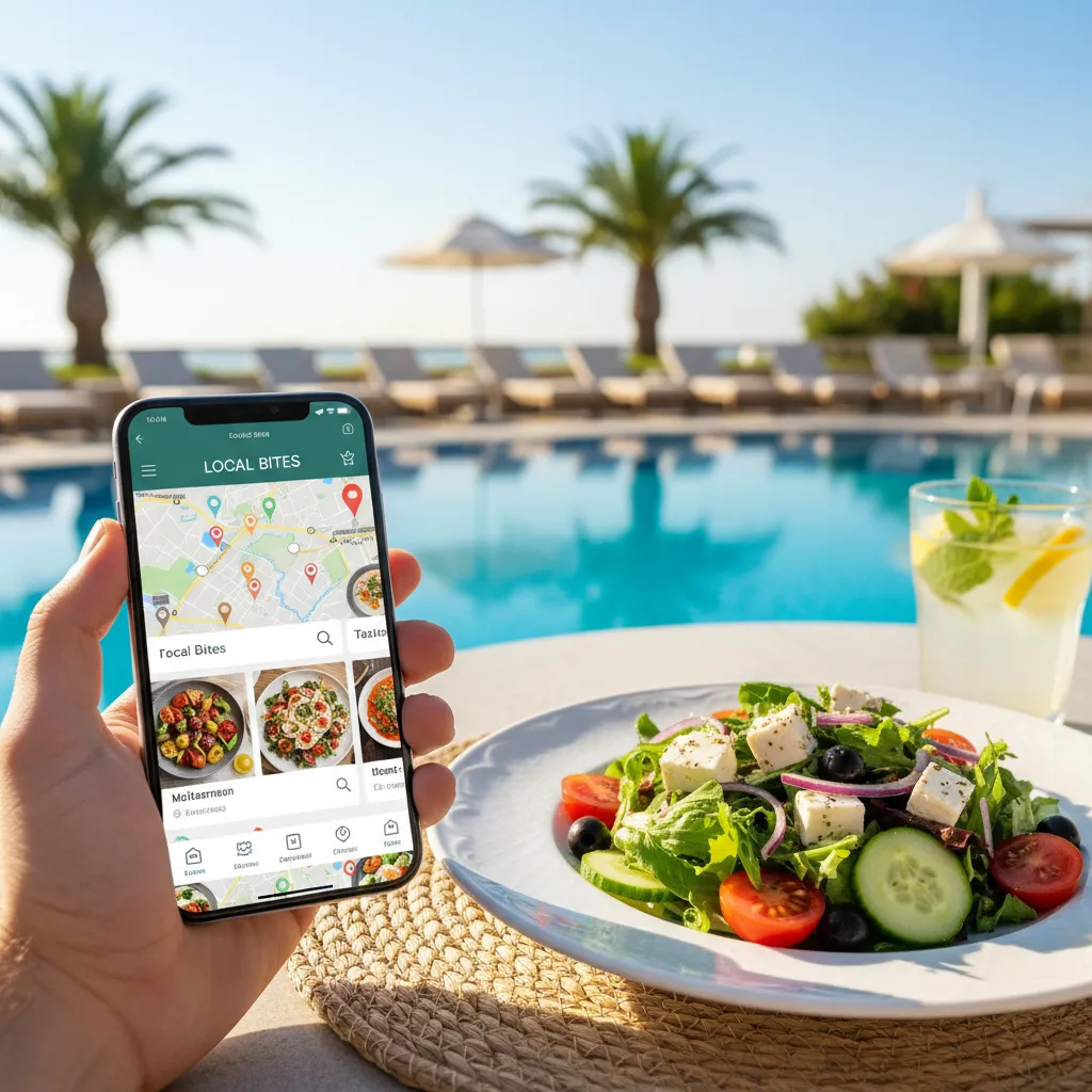 Smartphone med rejse-app åben ved et poolområde, der viser glutenfri restauranter i nærheden